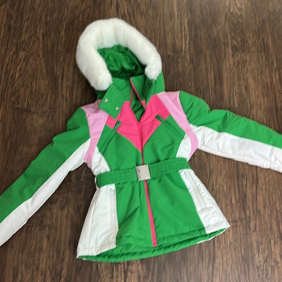 PRETTYLITTLETHING SKI Green And White Faux Fur Hooded Belted Jacket - size 8 - Picture 7 of 12